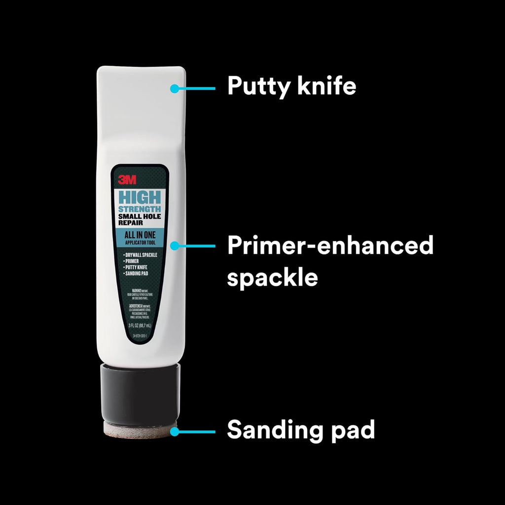 3M Small Hole Repair High Strength, All in One Applicator Tool, 1-Pack, Quick and Easy Repair for Nicks and Nail Holes, Includes Putty Knife, Spackle, and Sanding Pad For Wall Repairs (SHR-3-AIO)