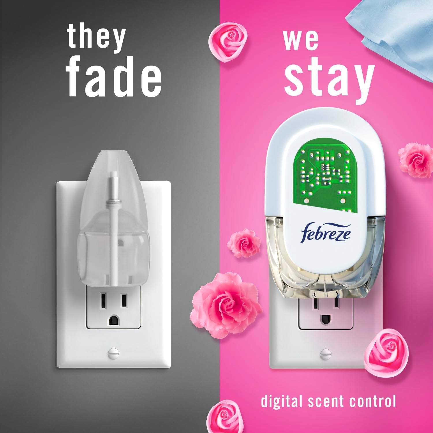 Febreze Plug-In Air Freshener, Odor-Fighting Scented Oil Starter Kit, Air Fresheners for Home and Bathroom and Kitchen, Long Lasting for Strong Odors, Downy April Fresh Scent, Warmer + 2 Refill