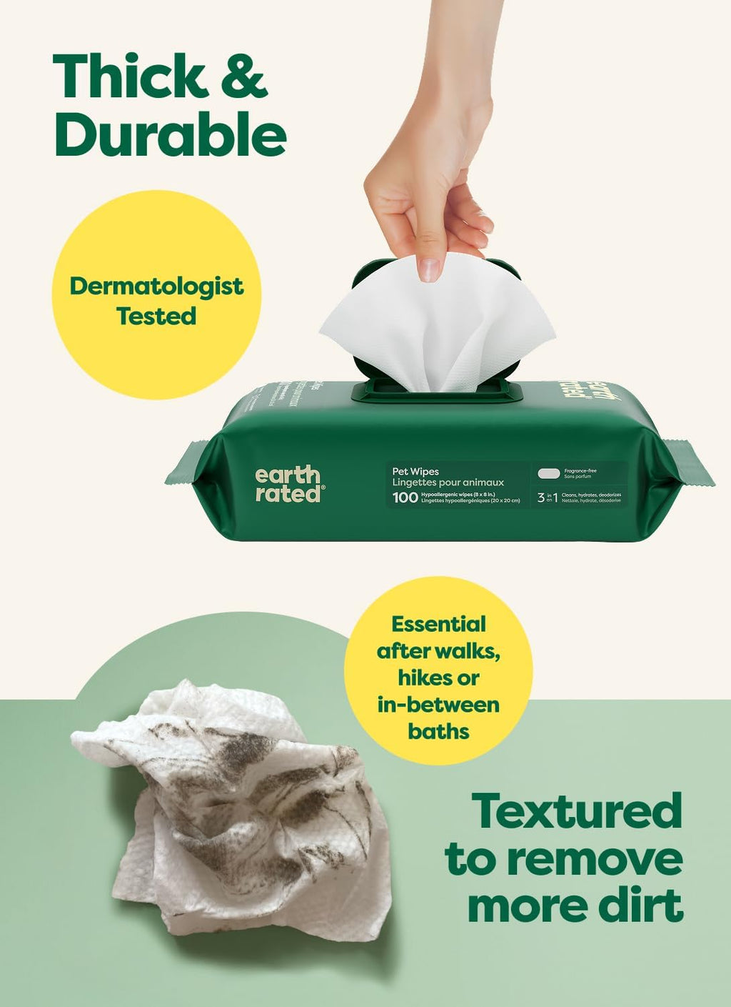 Earth Rated Pet Wipes for Dogs and Cats, Hypoallergenic, 3-in-1 Cleaning, Deodorizing and Hydrating, for Grooming Paws, Body and Butt, Unscented, 100 Count