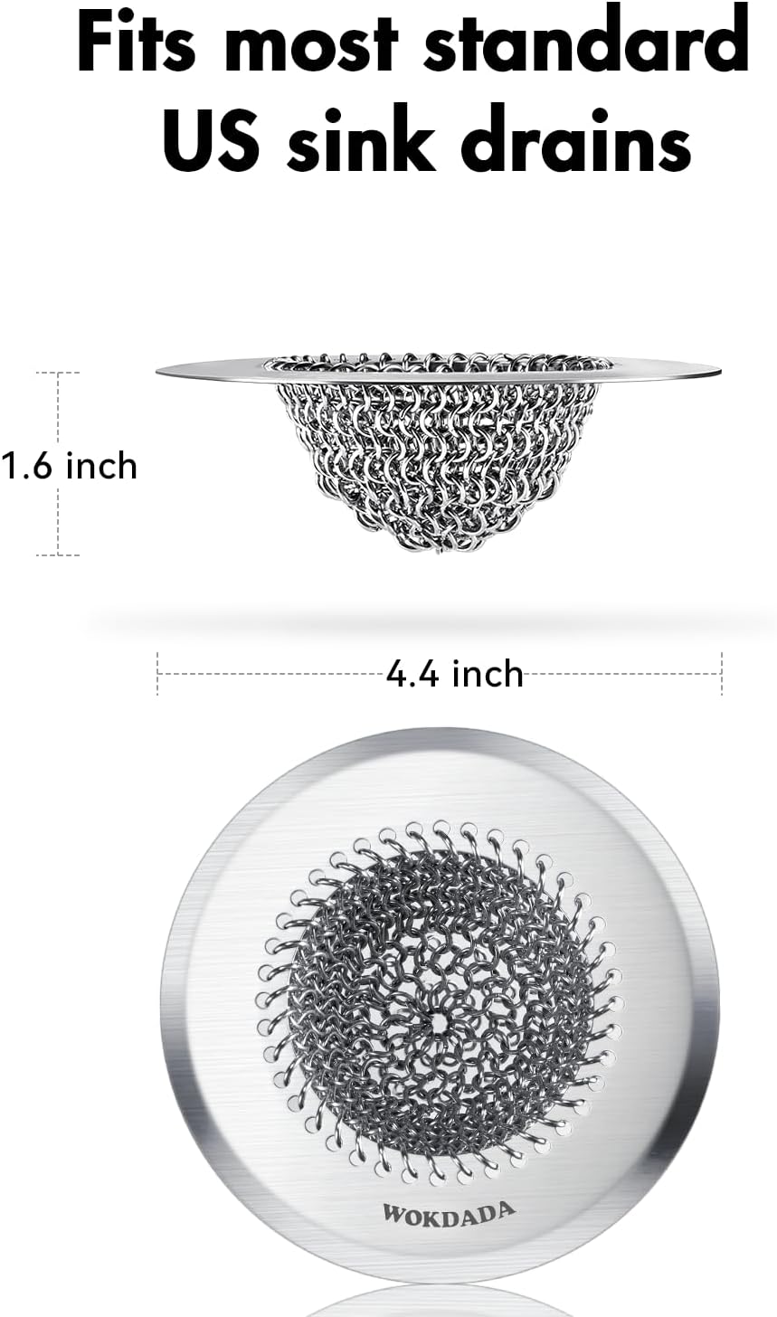 Revolutionary Kitchen Sink Drain Strainer/Patented Reversible Chain Mesh, Effortless Cleaning & Debris Catcher, Large Capacity, No Clog, 304 Stainless Steel & Rust-Proof/Handmade