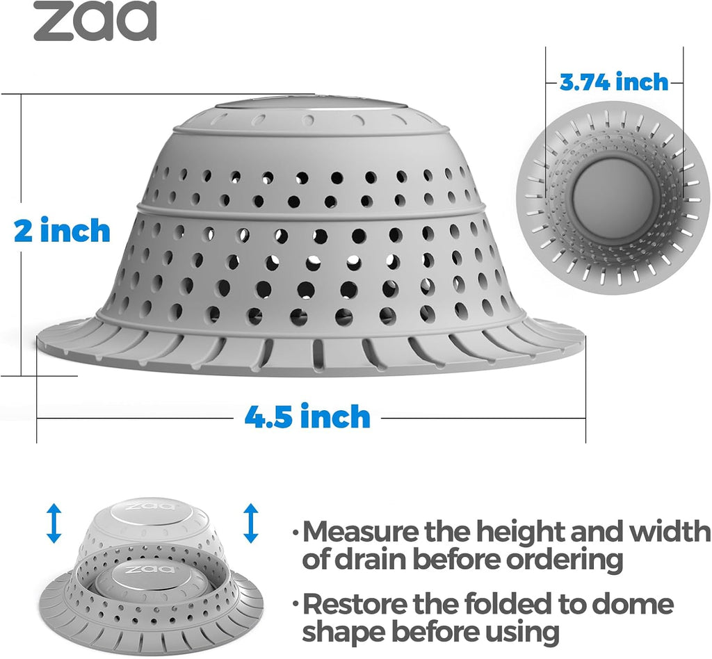 zaa Bathtub Drain Hair Catcher, Premium Silicone Shower Hair Catcher, 1Pack Collapsible Hair Stopper for Pop Up and Regular Drains of Shower, Bathtub, Bathroom Sink, Bathroom Fixture Accessories, Gray