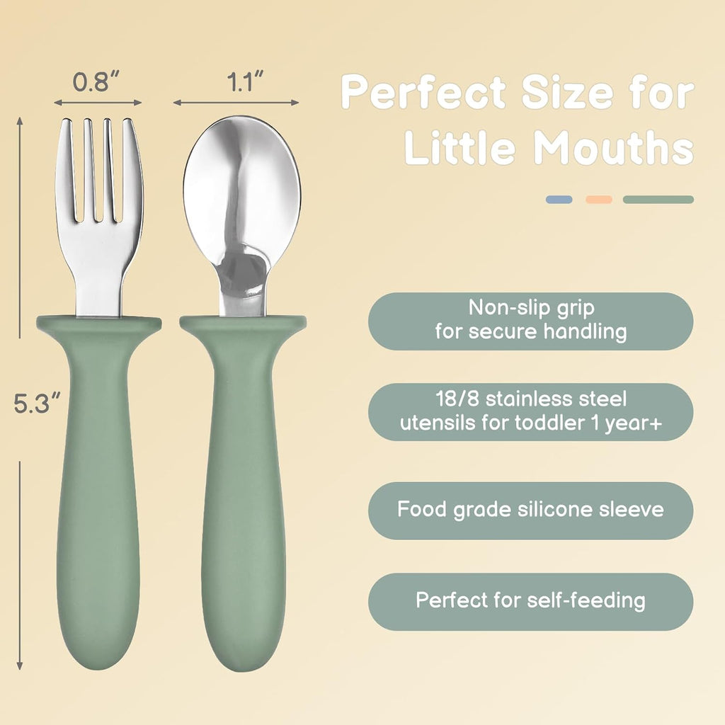 Eascrozn Toddler Utensils, 6 Pack kids Silverware Set with Silicone Handle, 18/8 Stainless Steel Children Safe Forks and Spoons, Dishwasher Safe