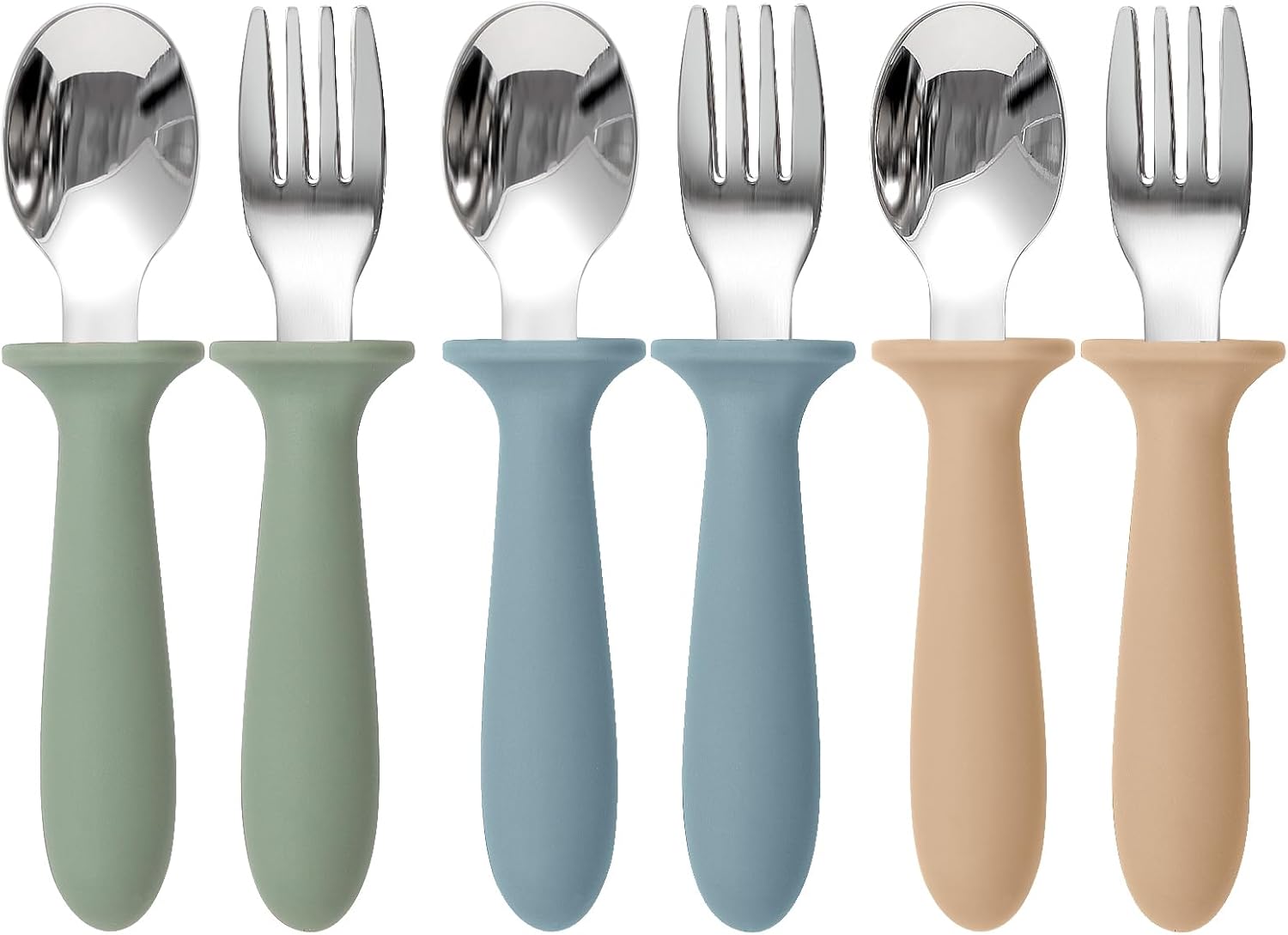 Eascrozn Toddler Utensils, 6 Pack kids Silverware Set with Silicone Handle, 18/8 Stainless Steel Children Safe Forks and Spoons, Dishwasher Safe