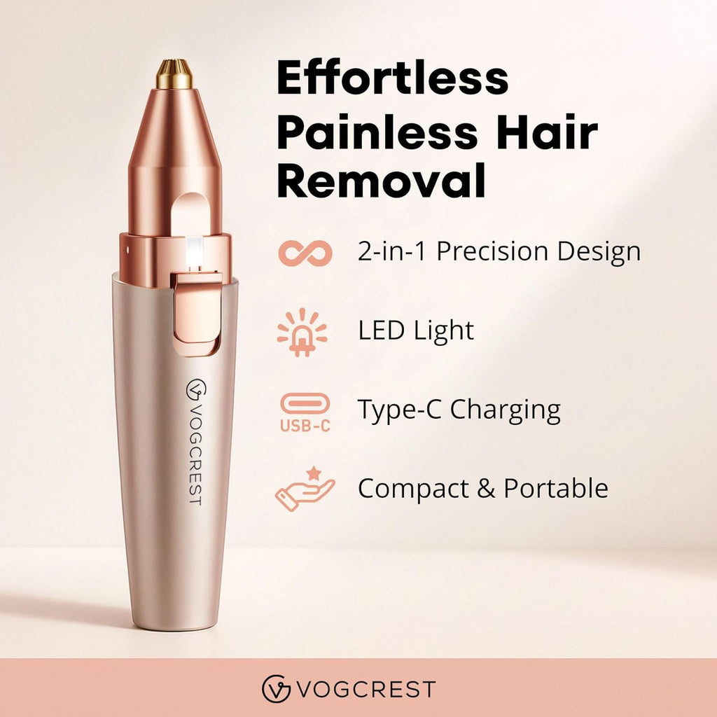 VG VOGCREST Eyebrow & Facial Trimmer: 2 in1 Rechargeable Facial Hair Removal & Eyebrow Shaver - Body Razor with Built-in LED Light (Rose Gold)