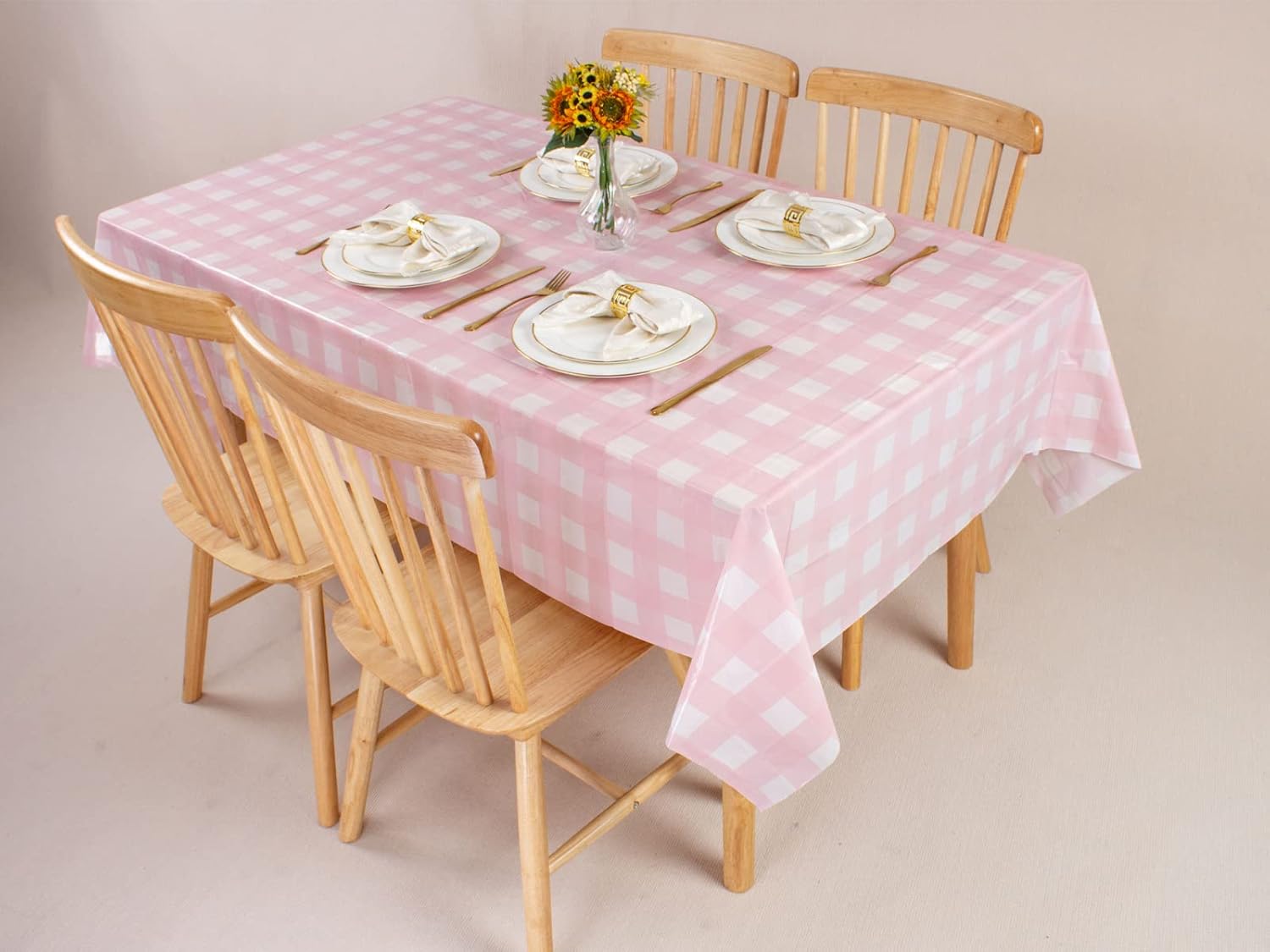Kesfey 3 Packs Pink Gingham Tablecloth Pink and White Checkered Tablecloths 54 x 108 Inches Disposable Plastic Gingham Tablecovers Waterproof Rectangle Picnic Table Covers for Birthday Party Supplies