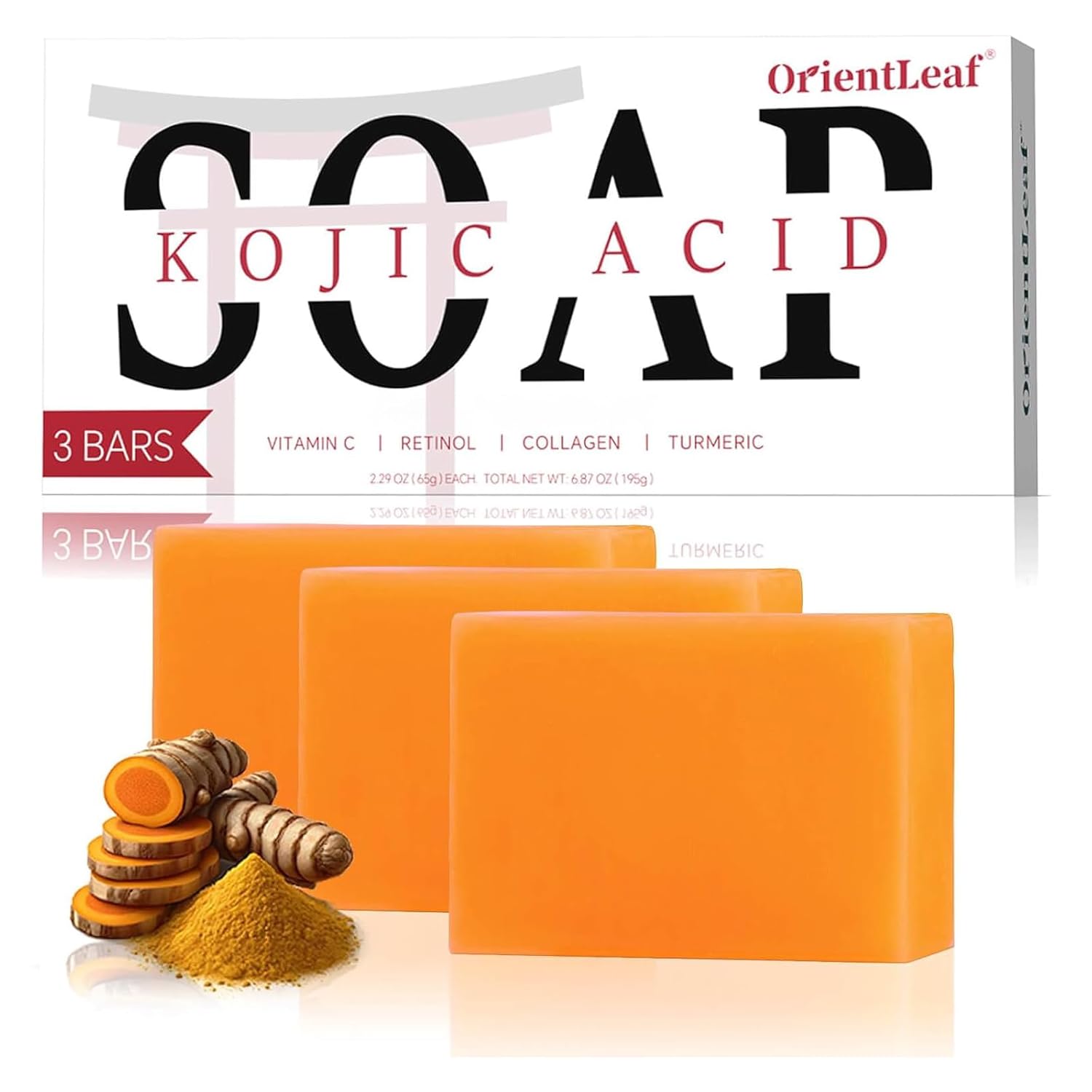 ORIENTLEAF Kojic Acid Soap, Turmeric Soap Bar for Dark Spots, Fresh Citrus Scent, Gentle for Face and Body Wash with Vitamin C, Shea Butter, Retinol, Gifts for Women (3 PACK)