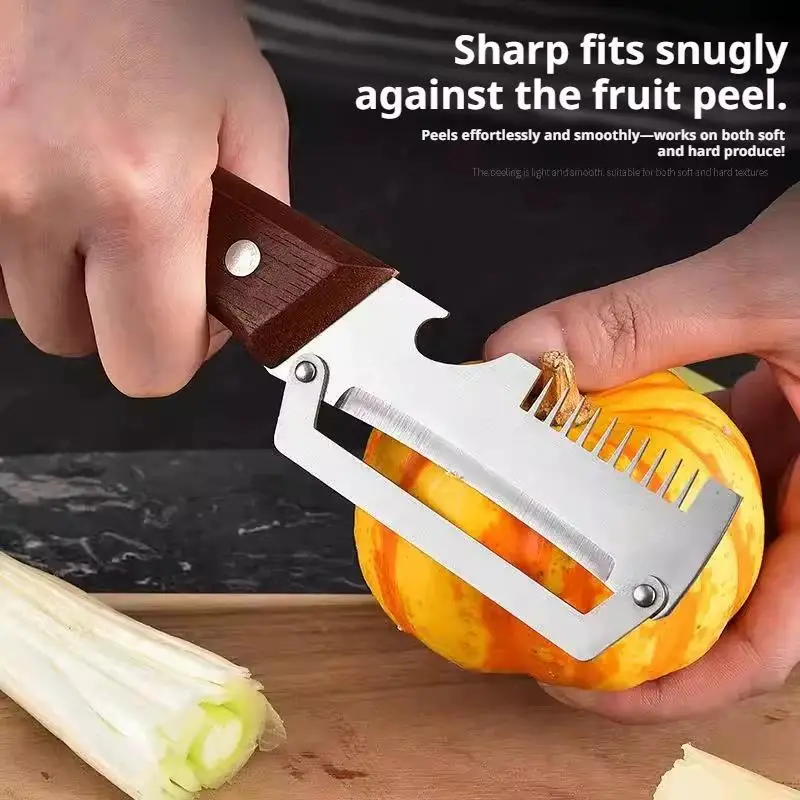5-in-1 Serrated Peeling Knife Premium Vegetable Peeler With Wooden Handle And Bottle Opener Kitchen Tool