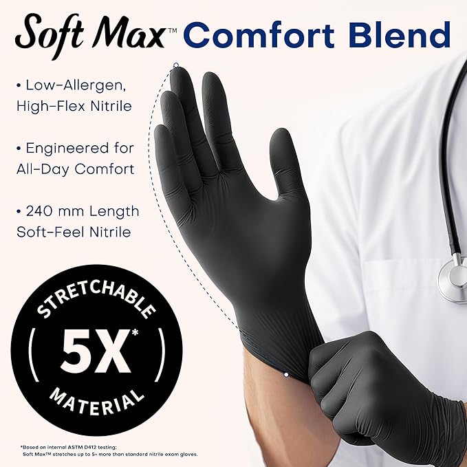 Supmedic Medical Soft Max™ Black Nitrile Disposable Gloves, 100 Pcs, Latex-Free & Powder-Free Food Safe Food Prep Exam Gloves