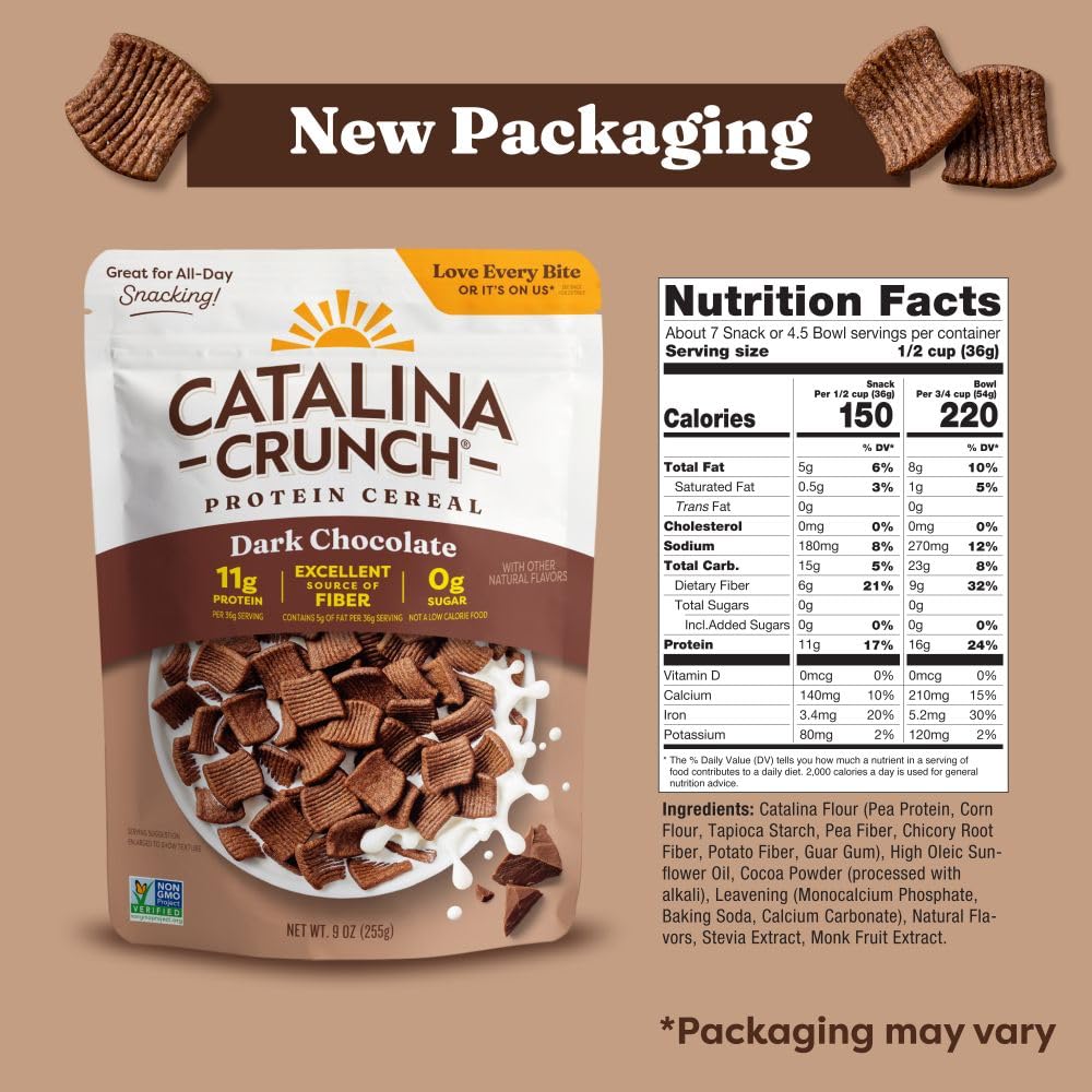 Catalina Crunch Protein Cereal - Sugar Free Breakfast Cereal with 11g of Protein - Gluten Free - Dark Chocolate - 9 oz. Bag (Pack of 1) (Packaging May Vary)