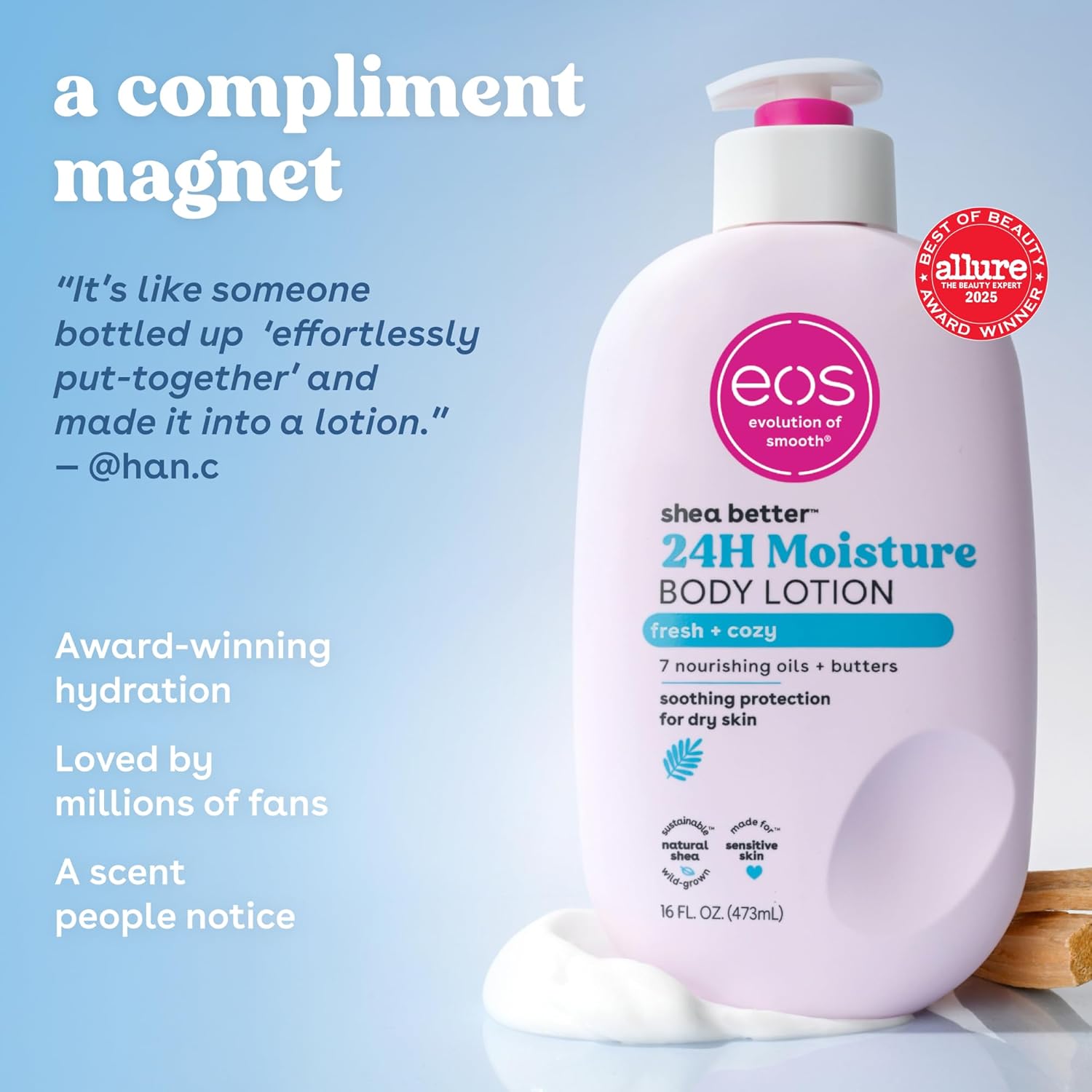 eos Shea Better Body Lotion, Fresh & Cozy, 24-Hour Moisture Skin Care, Lightweight & Non-Greasy, Natural Shea, Vegan, 16 fl oz