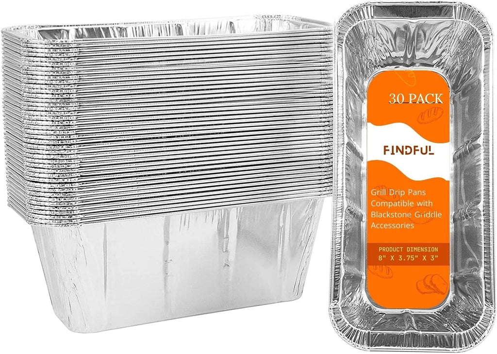 Findful 30-Pack Drip Pans Liners for Blackstone Griddle Accessories, Aluminum Foil Pan Disposable for 17" 22" 28" 36" Blackstone Griddle Drip Tray Holder Grill Rear Grease Catcher Cup