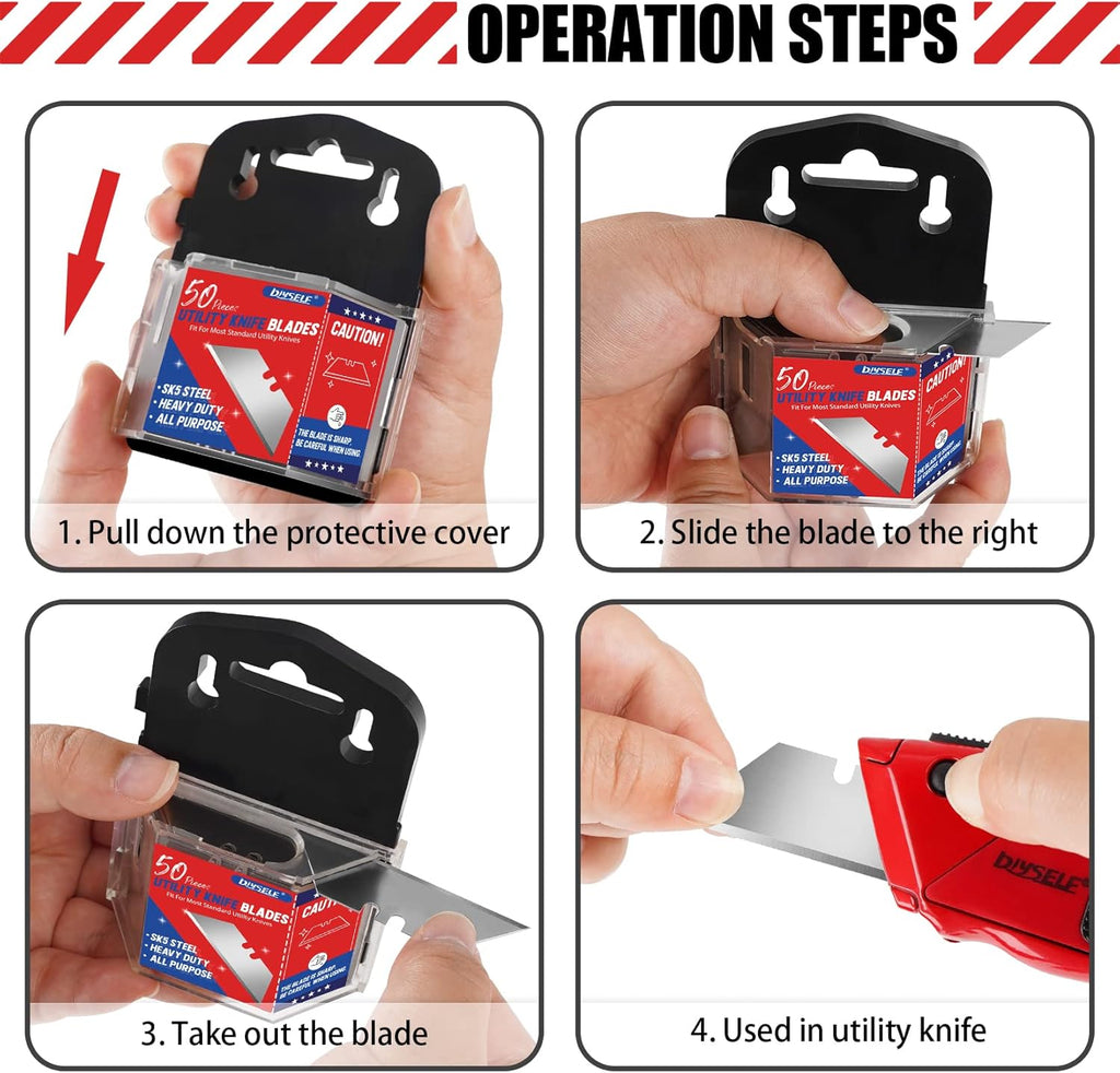 DIYSELF 50 Pack Utility Knife Blades, SK5 Steel Box Cutter Blades with Dispenser, Standard Blades for Box Cutter Utility Knife Replacement, Sharper Utility Blade, Refills
