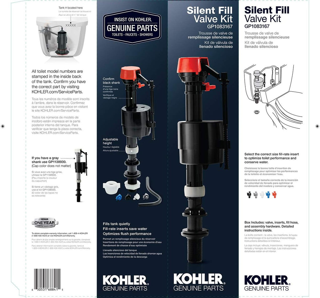 Kohler Genuine Part Gp1083167 Silent Fill Valve Kit For All Kohler Class Five Toilets,12.5" x 3.5" x 3"