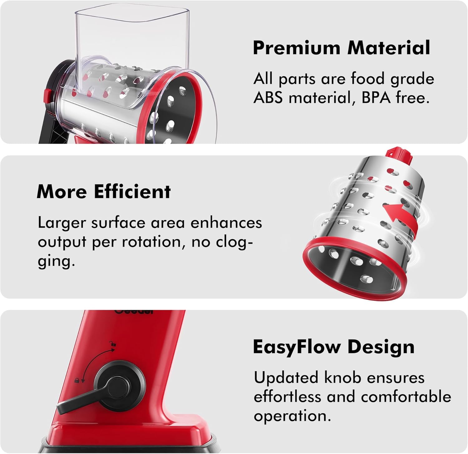 Geedel Rotary Cheese Grater, Kitchen Mandoline Vegetable Slicer with 3 Interchangeable Blades, Easy to Clean Rotary Grater Slicer for Fruit, Vegetables, Nuts