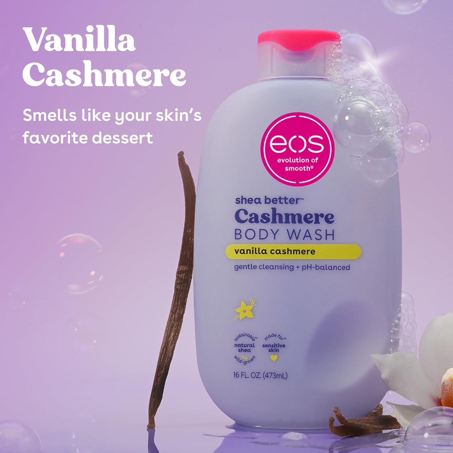 eos Body Wash, Vanilla, Moisturizing Creamy Gel Formula with Shea Butter, Glycerin, Vitamin E, pH Balanced, Sensitive Skin, Vegan, 16 fl oz