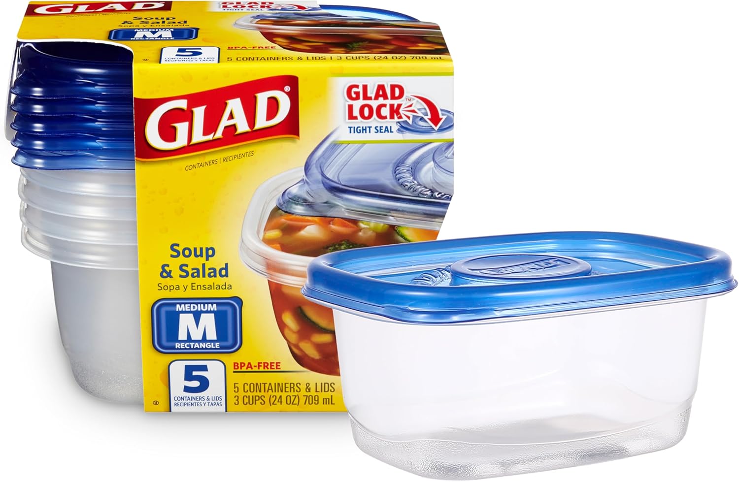 Glad GladWare Medium Rectangle Food Storage Containers with Lids, BPA Free Plastic for Soups Salads and Meal Prep, Airtight Leak Resistant, Microwave Dishwasher Freezer Safe, 24 Oz, 5 Count