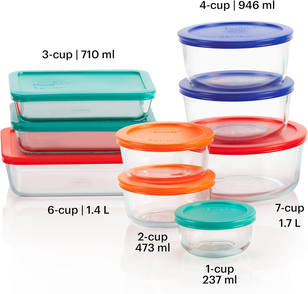 Pyrex Simply Store (9-Pack) Mixed Sized Glass Food Storage Set, Round & Rectangular Containers With Plastic Lids, BPA-Free, Dishwasher & Microwave Safe
