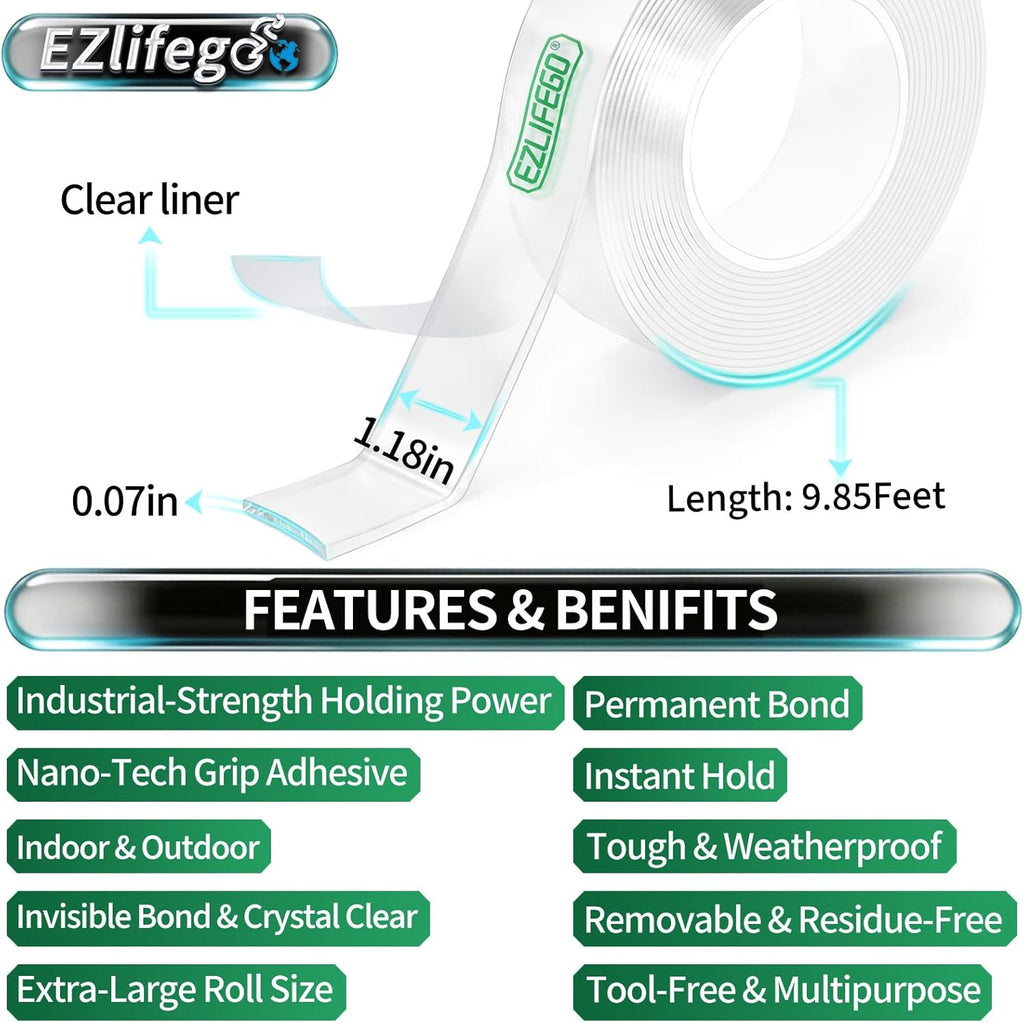 EZlifego Double Sided Tape Heavy Duty, Nano Double Sided Adhesive Tape, Clear Mounting Tape Picture Hanging Adhesive Strips (9.85FT)