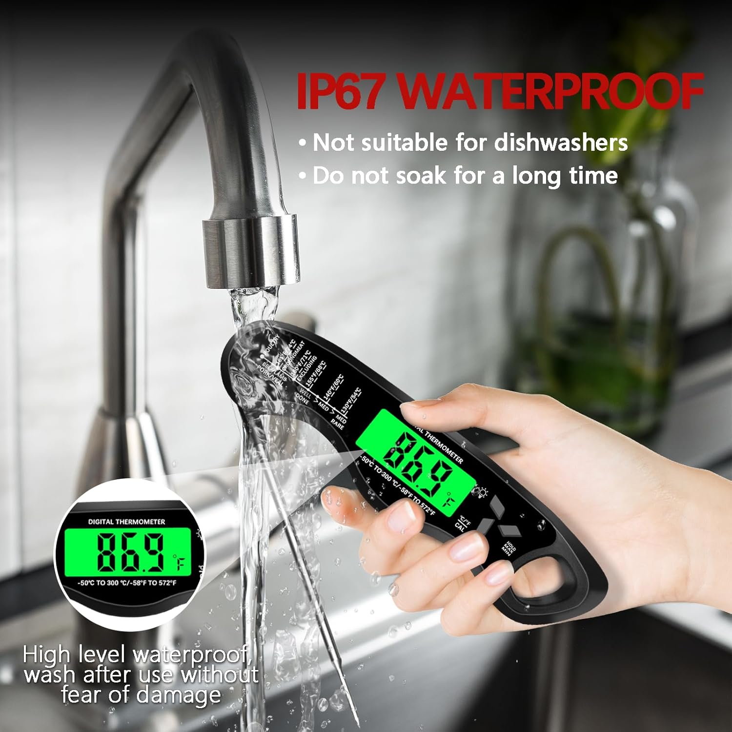 Meat Thermometer Digital，IP67 Waterproof Cooking Thermometer with Backlight, Calibration & Hold Function，Food Thermometer for Cooking,Outdoor Grilling