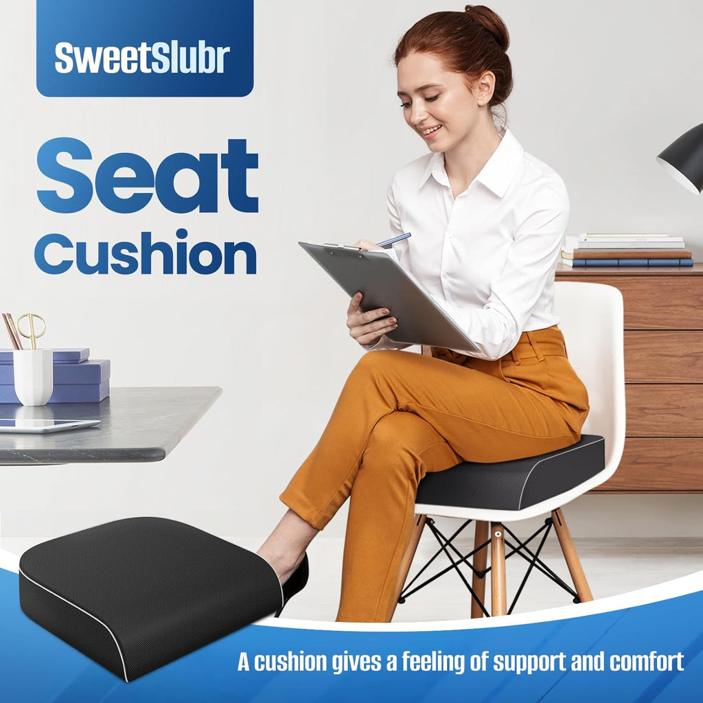 SweetSlubr Seat Cushion for Tailbone Pain Relief, Office Chair Cushion, Memory Foam Large Cushion with Non-Slip Cover for Soft Support at Office Chair, Car Seat, Airplane, Floor Pillow, Black/Large