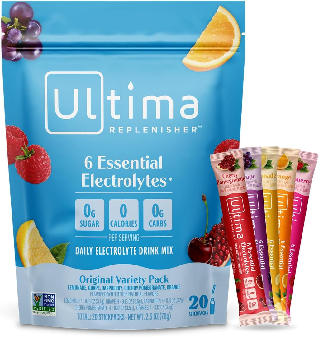 Ultima Replenisher Daily Electrolyte Powder – Original Variety Pack, 20 Stickpacks – Zero Sugar Hydration Packets with 6 Electrolytes and Minerals – Sugar Free, Plant Based & Keto Friendly Drink Mix