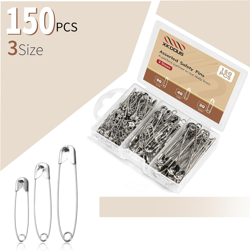 XKDOUS Safety Pins - 150 Pcs Assorted Sizes Silver Pins Bulk - Small & Large Heavy Duty for Clothes, Sewing, Craft