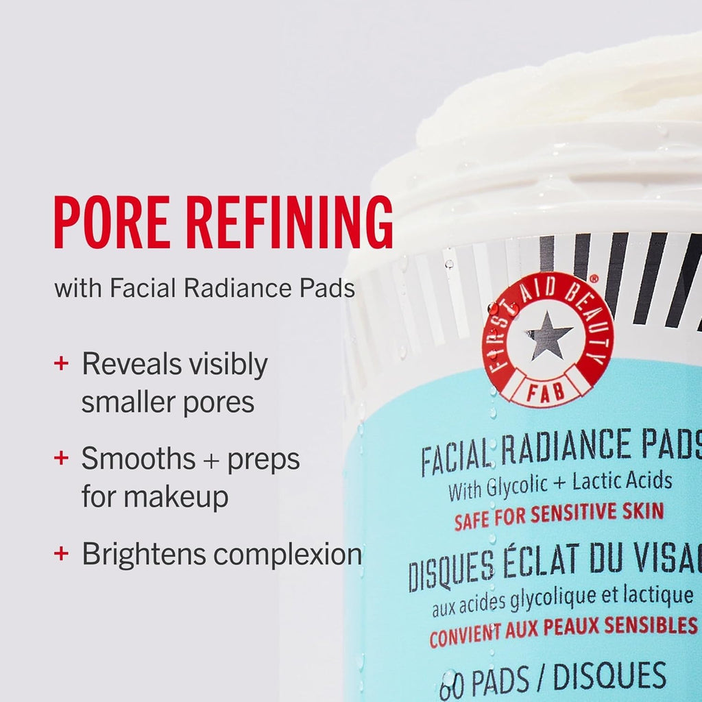 First Aid Beauty - Facial Radiance Pads with Glycolic & Lactic Acids, Daily Exfoliating Pads with AHA, Visibly Smaller Pores, Help Tone & Brighten Skin, One-Step Makeup Prep, Compostable, 28