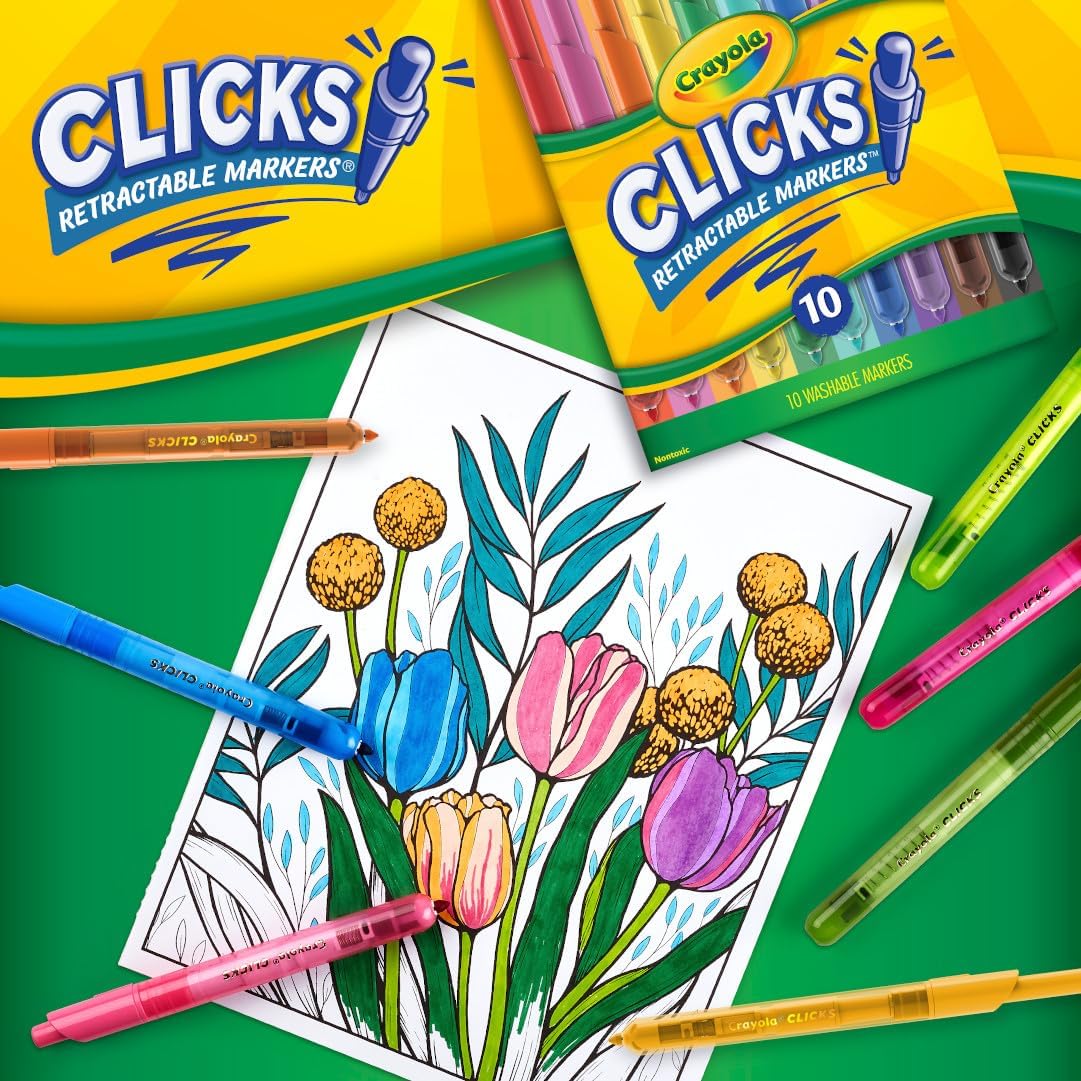 Crayola Clicks Retractable Tip Markers (10ct), Washable Cone Tip Art Marker Set, Easter Basket Stuffer Essentials, Easter Craft Supplies for Coloring Books, Ages 3+