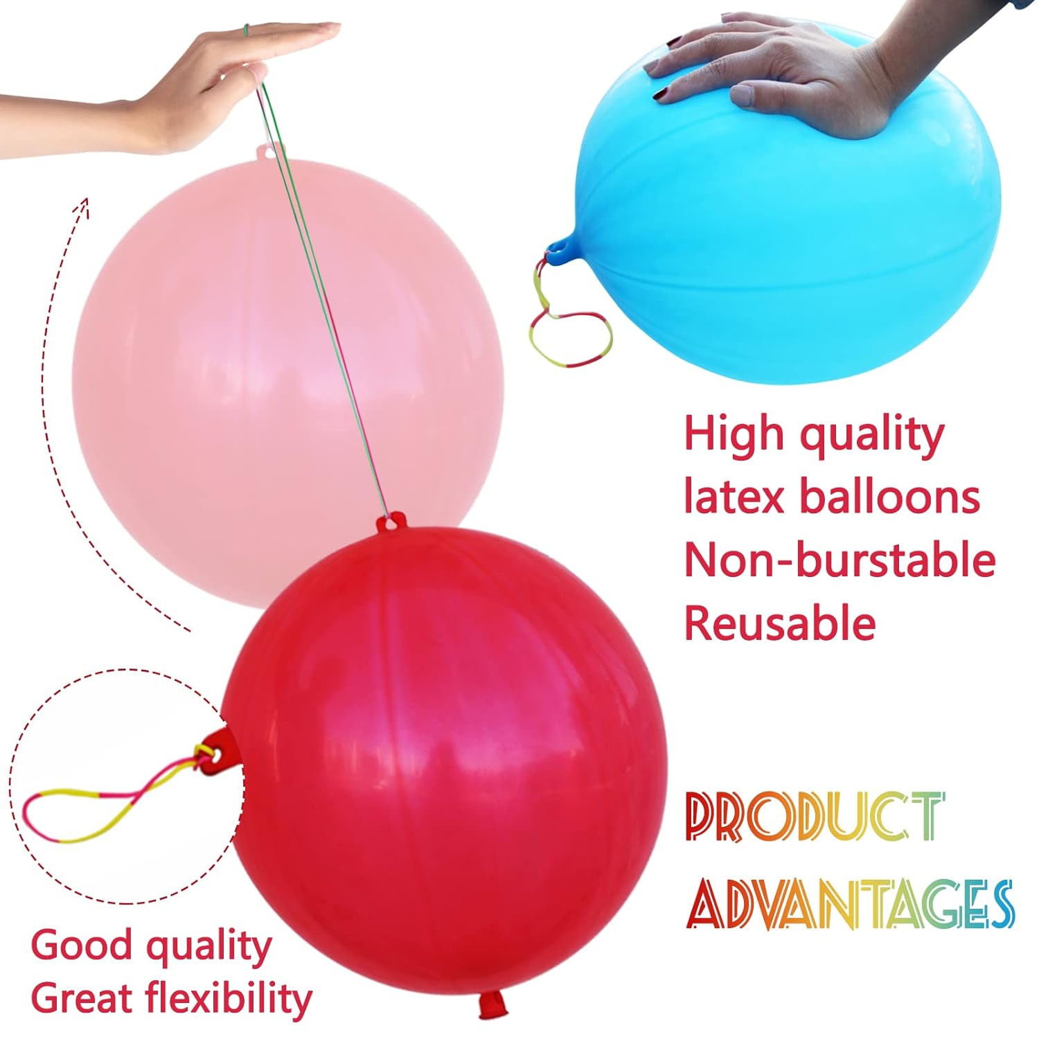 LEEZZIZZ 30Pcs Punch Balloons, Thickened Neon Punching Balloon Heavy Duty Party Favors for Kids with Rubber Band Handle, Bouncy Balls for Birthday Weddings Goodie Bag Stuffer Supply