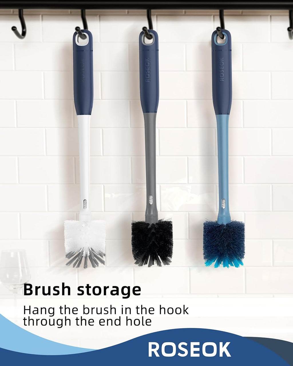 ROSEOK 2 in 1 Long Handle Bottle Brush with Straw Brush for Cleaning Glass, Sports Bottle, Coffee Mug,Navy Blue,1 Pack