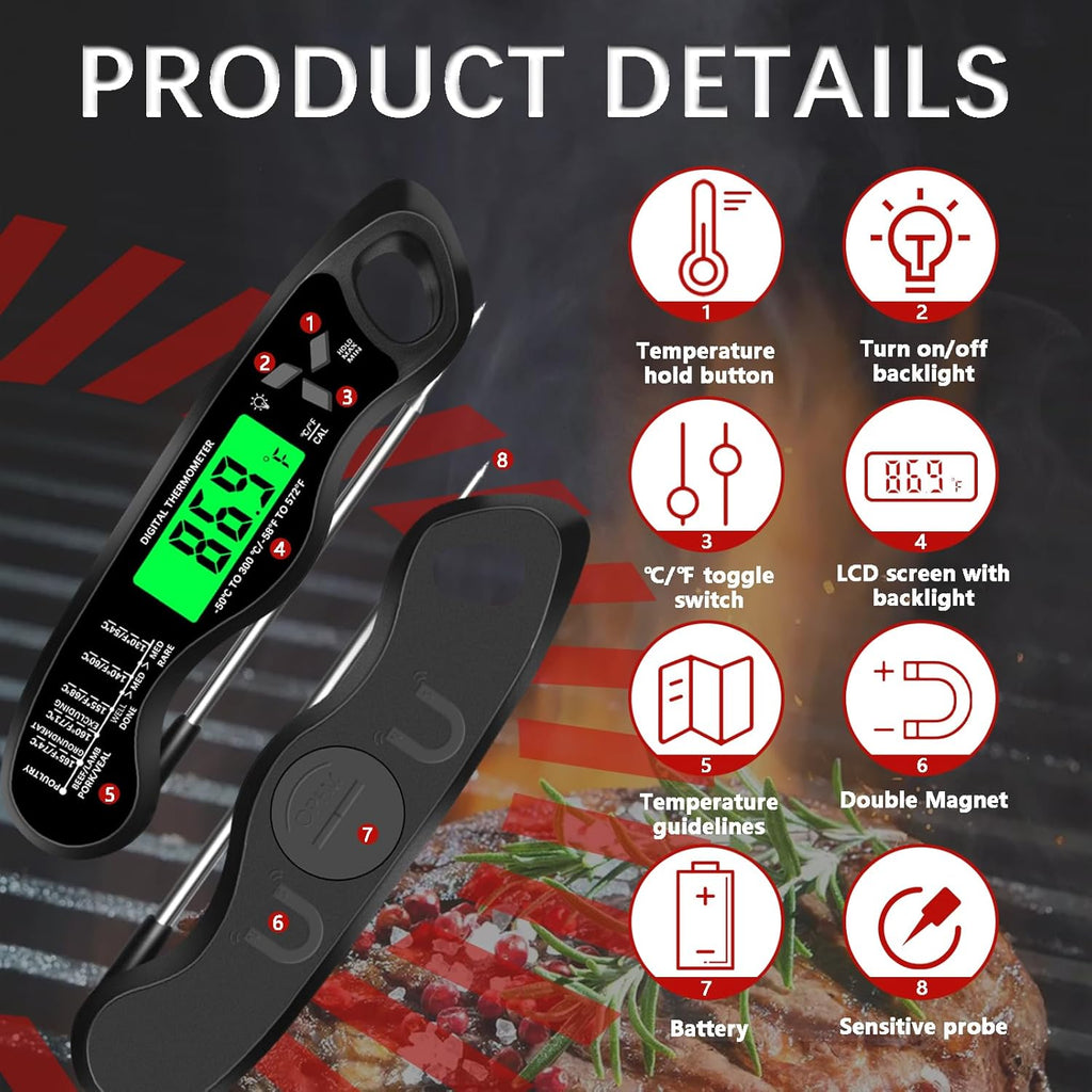 Meat Thermometer Digital，IP67 Waterproof Cooking Thermometer with Backlight, Calibration & Hold Function，Food Thermometer for Cooking,Outdoor Grilling