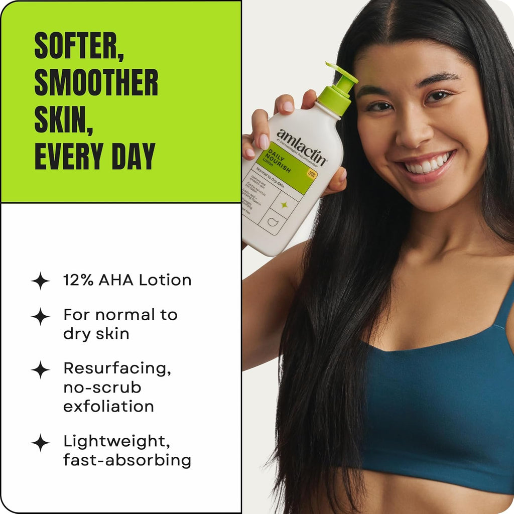 AmLactin Daily Nourish Therapeutic Body Lotion for Dry Skin - No-Scrub Exfoliator and Moisturizer 12% Lactic Acid Lotion, 14.1 oz (Packaging May Vary)