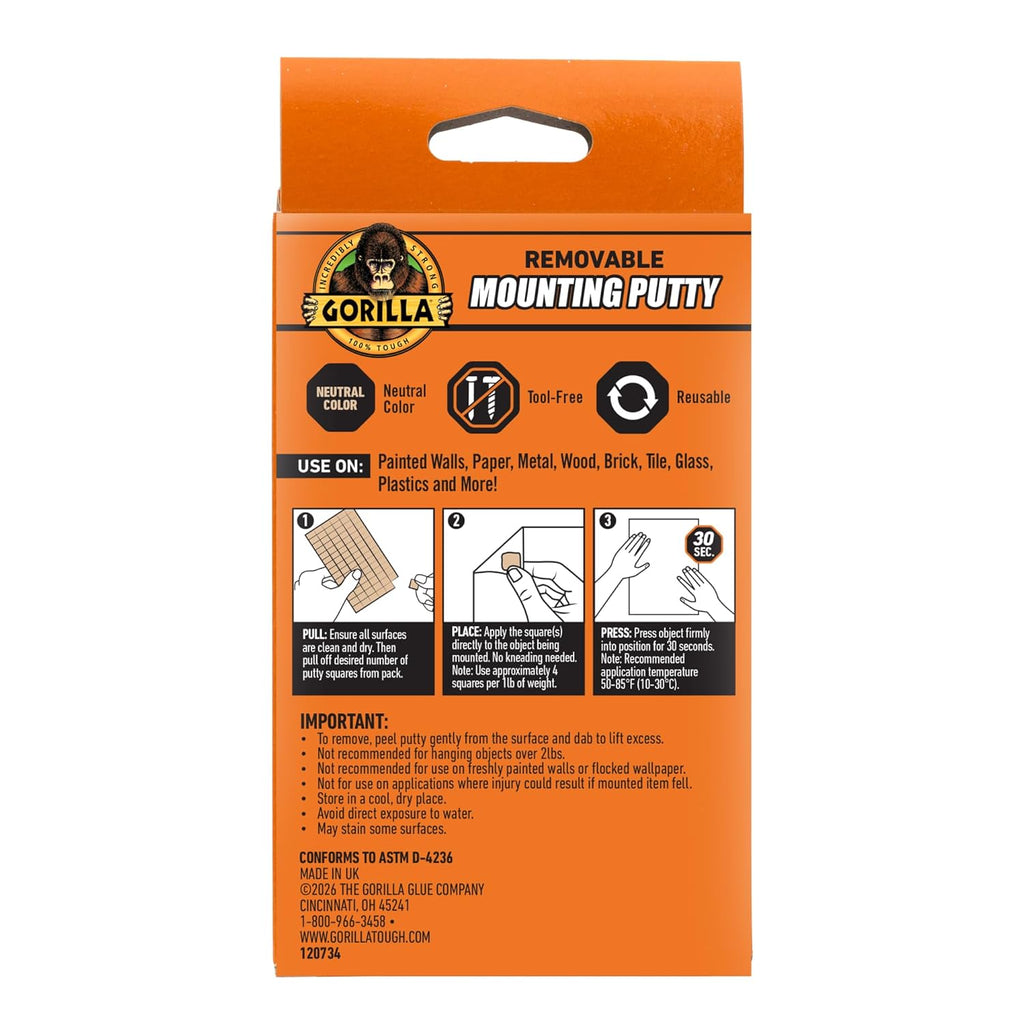 Gorilla Mounting Putty, Natural Tan Color, 168 Pre-Cut Squares (Pack of 1) - Non-Toxic Removable & Repositionable Wall Putty