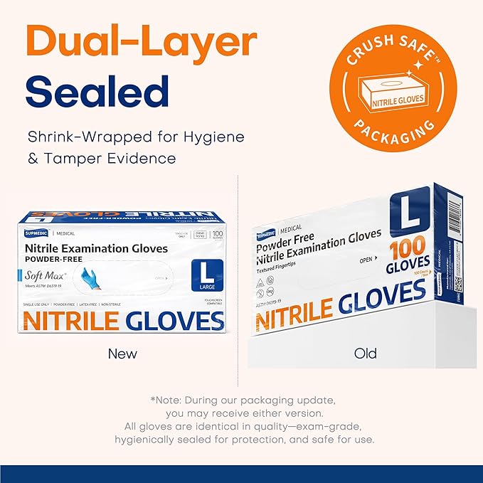 Supmedic Medical Soft Max™ Nitrile Exam Gloves, 100 Count Latex-Free Powder-Free Non-Sterile Food Safe Disposable Glove, Blue