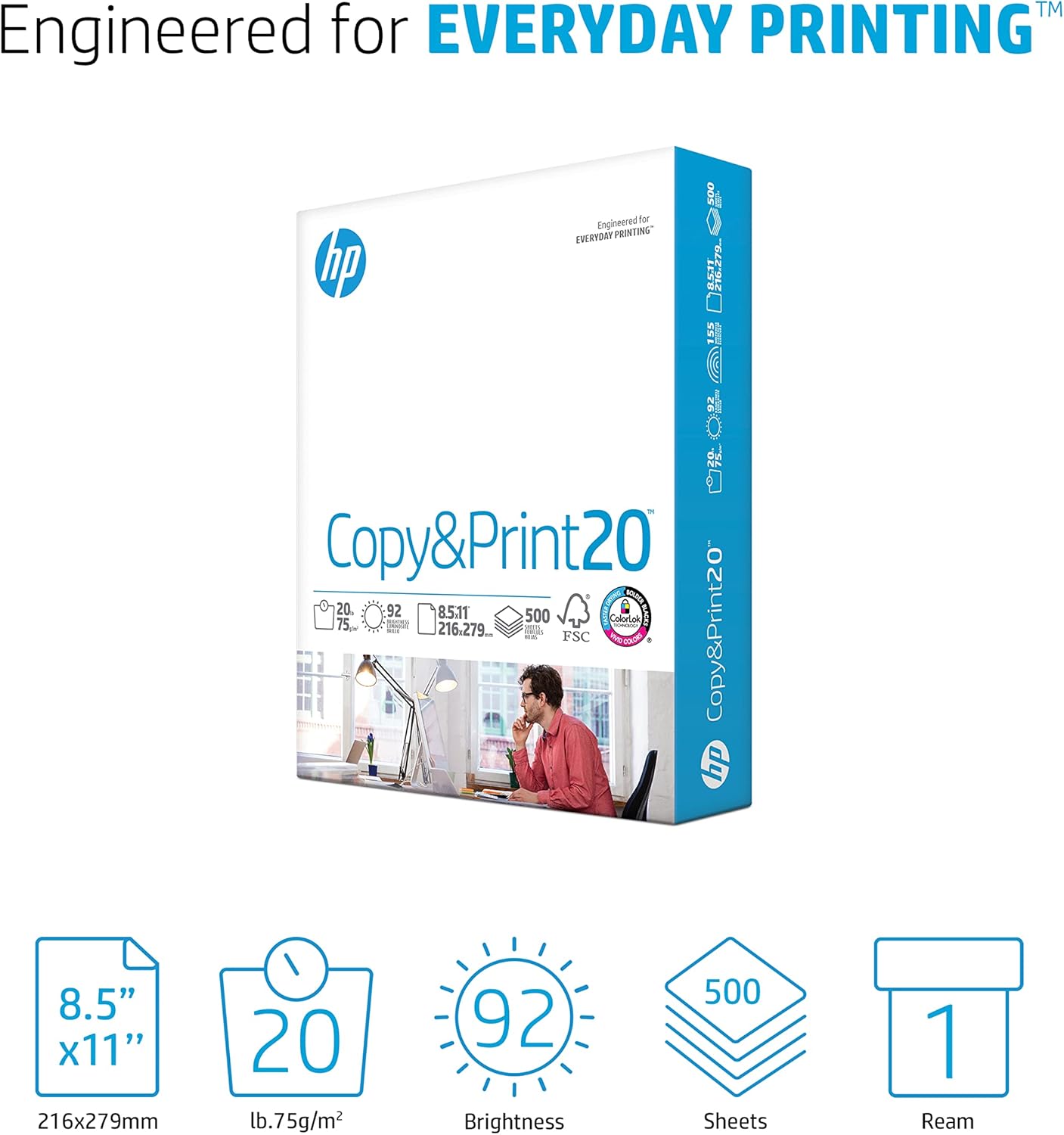 HP Printer Paper | 8.5 x 11 Paper | Copy &Print 20 lb | 1 Ream Case - 500 Sheets| 92 Bright | FSC Certified | 200060