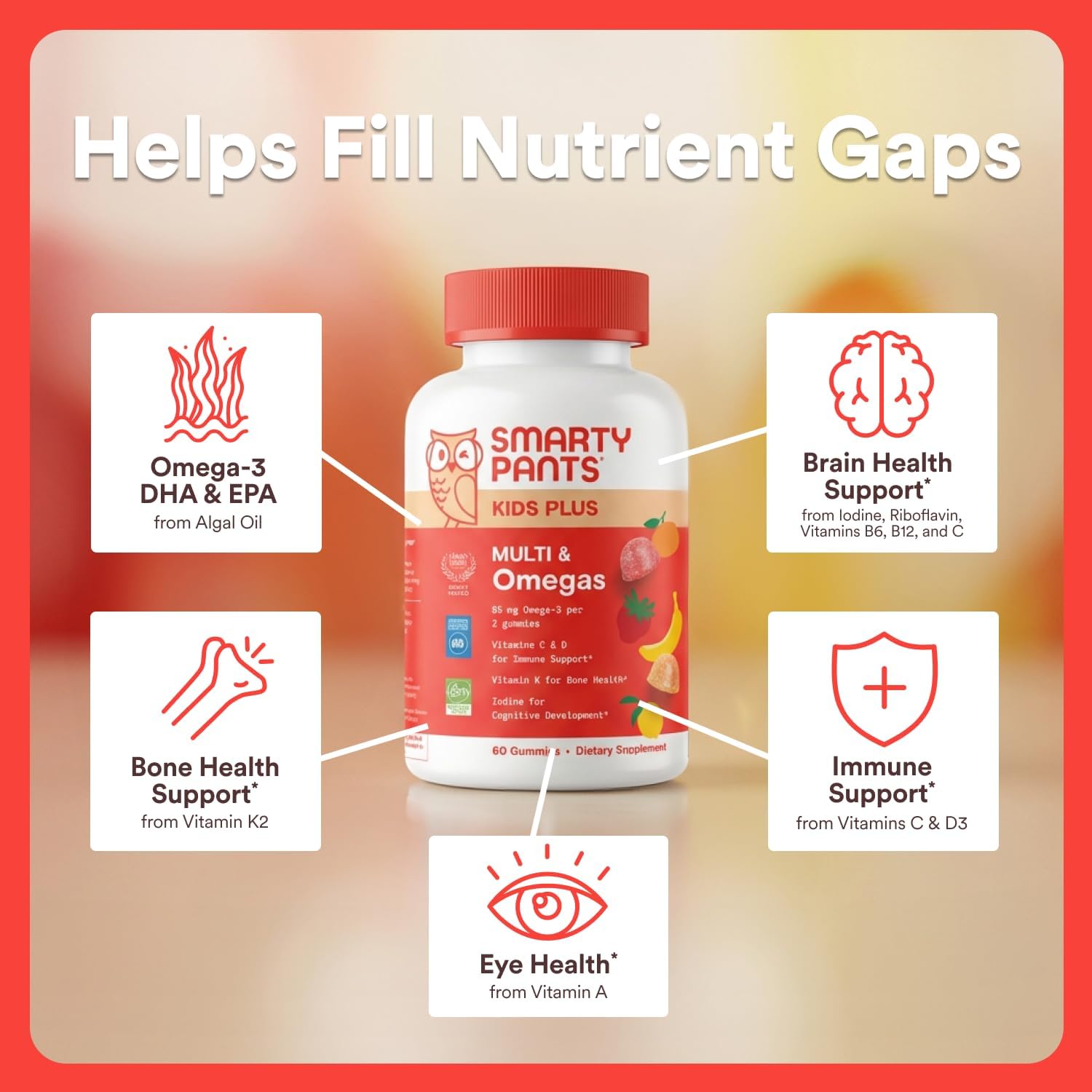 SmartyPants Kids Multivitamin Gummies with Omega 3 DHA/EPA, Vitamins D3, C, B12, B6, A, K, and Zinc, Gluten Free, Clean Label, Three Fruit Flavors, 60 Gummies (30 Day Supply)