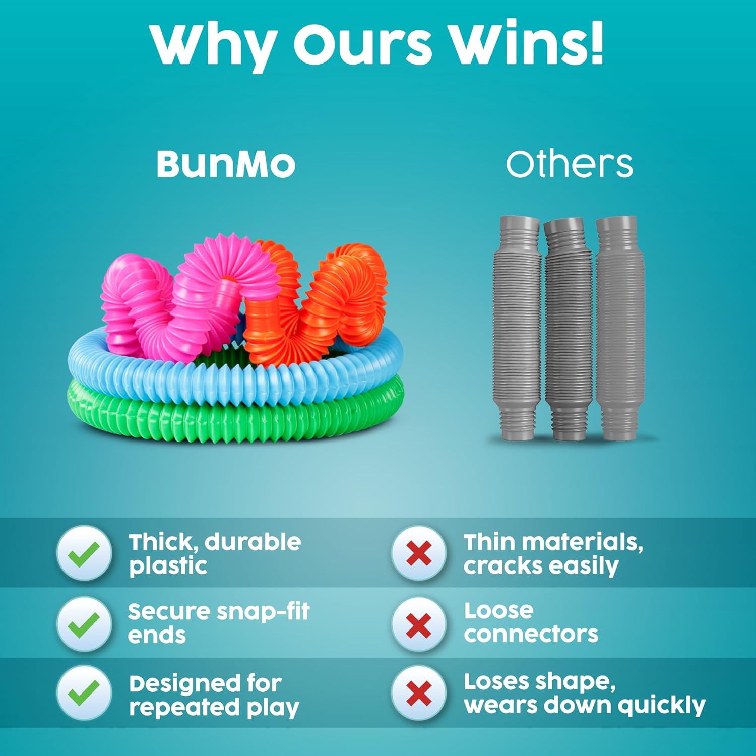 BUNMO Pop Tubes - Sensory Toys - Fidget Toys - Imaginative Play & Stimulating Creative Learning - Hours of Fun for Kids - Tons of Ways to Play - Non-Mouthable Toy 3+ - 4 Pack Large