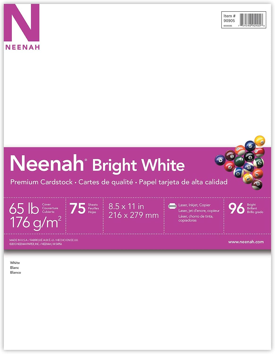 Astrobrights/Neenah Bright White Cardstock, 8.5" x 11", 65 lb/176 gsm, White, 75 Sheets (90905-02) - Packaging May Vary