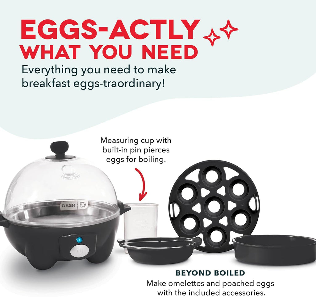 Dash Rapid Egg Cooker - Boiler, Poacher & Steamer - Includes Measuring & Recipe Guide - Dishwasher Safe - BPA Free - Holds 7 Eggs, Black
