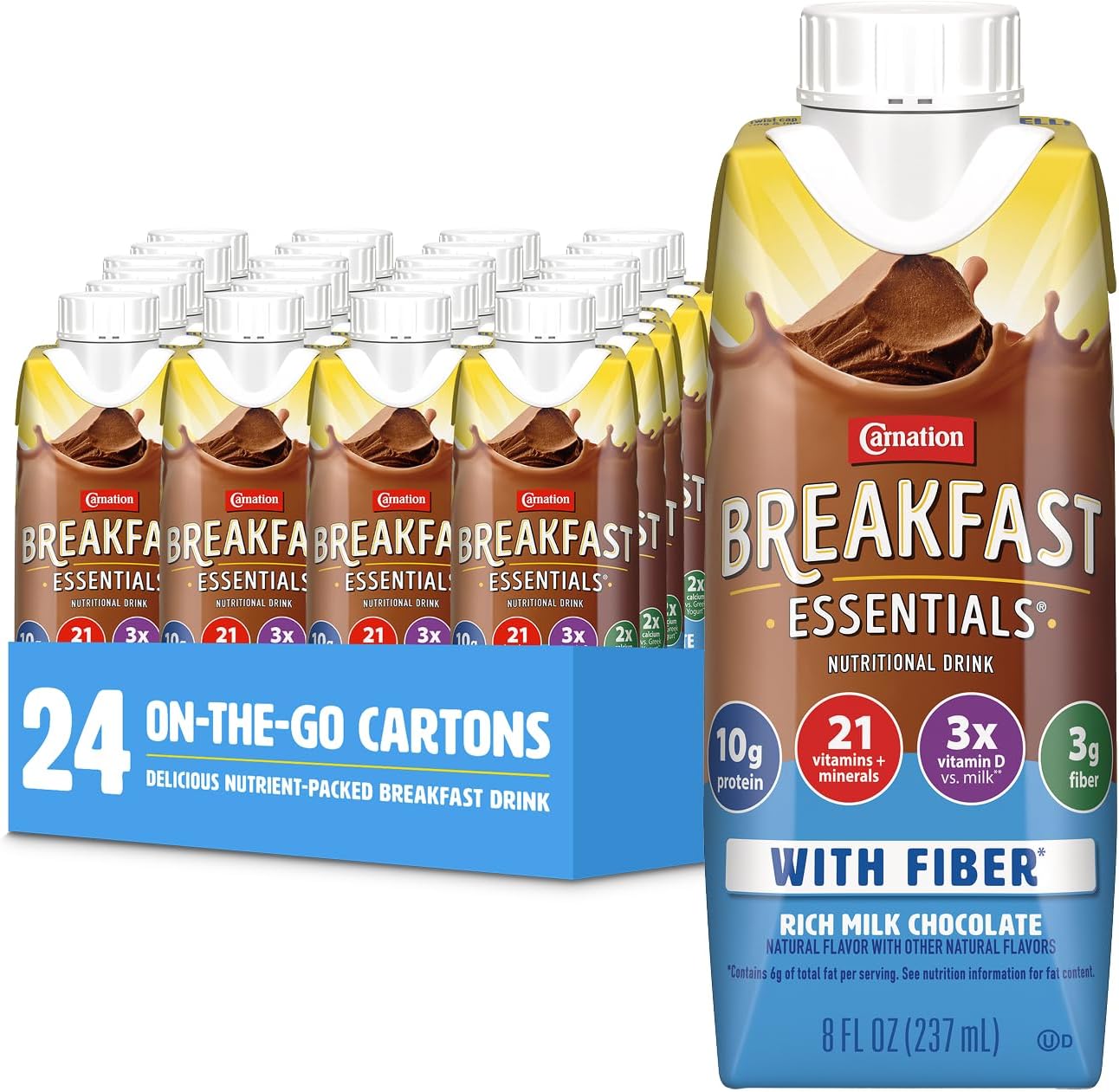 Carnation Breakfast Essentials Ready to Drink with Fiber, Rich Milk Chocolate, 8 FL OZ Carton (Pack of 24)