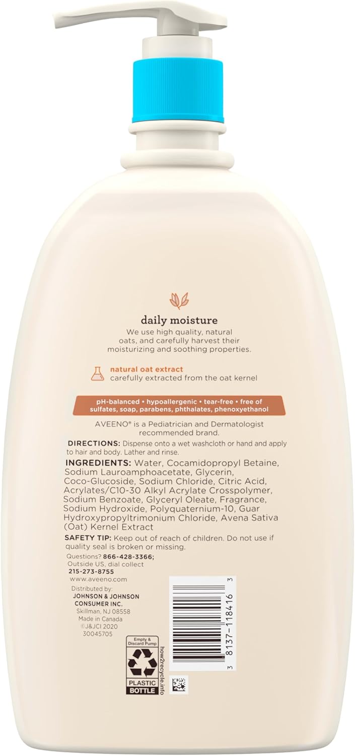 Aveeno Baby Daily Moisture Body Wash & Shampoo with Oat Extract, Hypoallergenic, Tear-Free, No Added Parabens, pH-Balanced Formula For Sensitive Hair & Skin, Baby Essentials, 33 fl oz