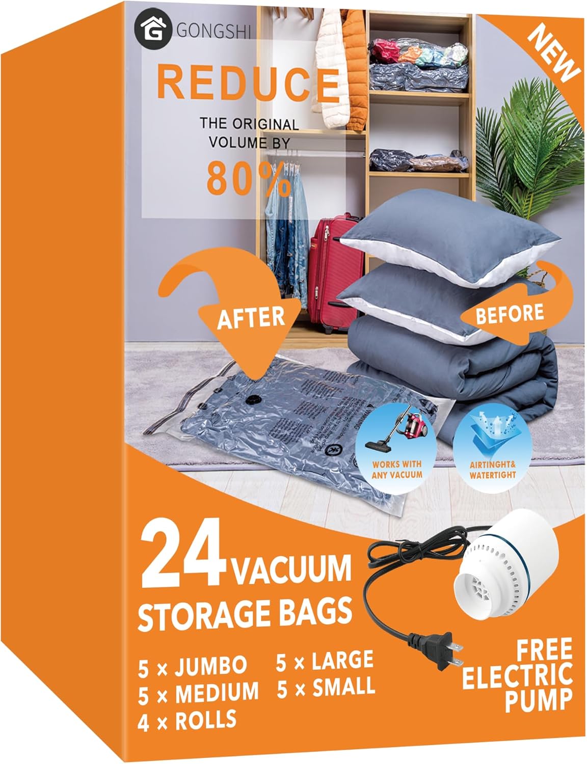 GONGSHI Vacuum Seal Bags for Clothing Travel & Home Storage, Travel Vacuum Bags with Pump,Space Saver for Blankets, Comforters, Pillows, Clothes,24...