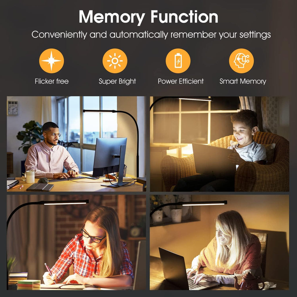 Voncerus LED Desk Lamp with Clamp, Eye-Caring Clip on Lights for Home Office, 3 Modes 10 Brightness, Long Flexible Goose-Neck, Metal, Swing Arm Architect Task Table Lamps with USB Adapter, Black