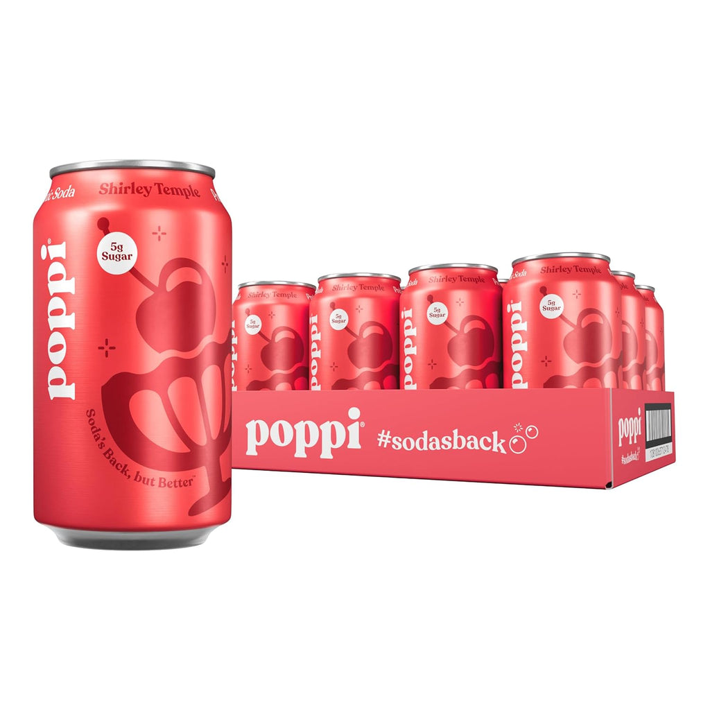 Poppi Sparkling Prebiotic Soda Beverage with Apple Cider Vinegar, Seltzer Water and Fruit Juice, Shirley Temple, 12 Fl Oz, Pack of 12