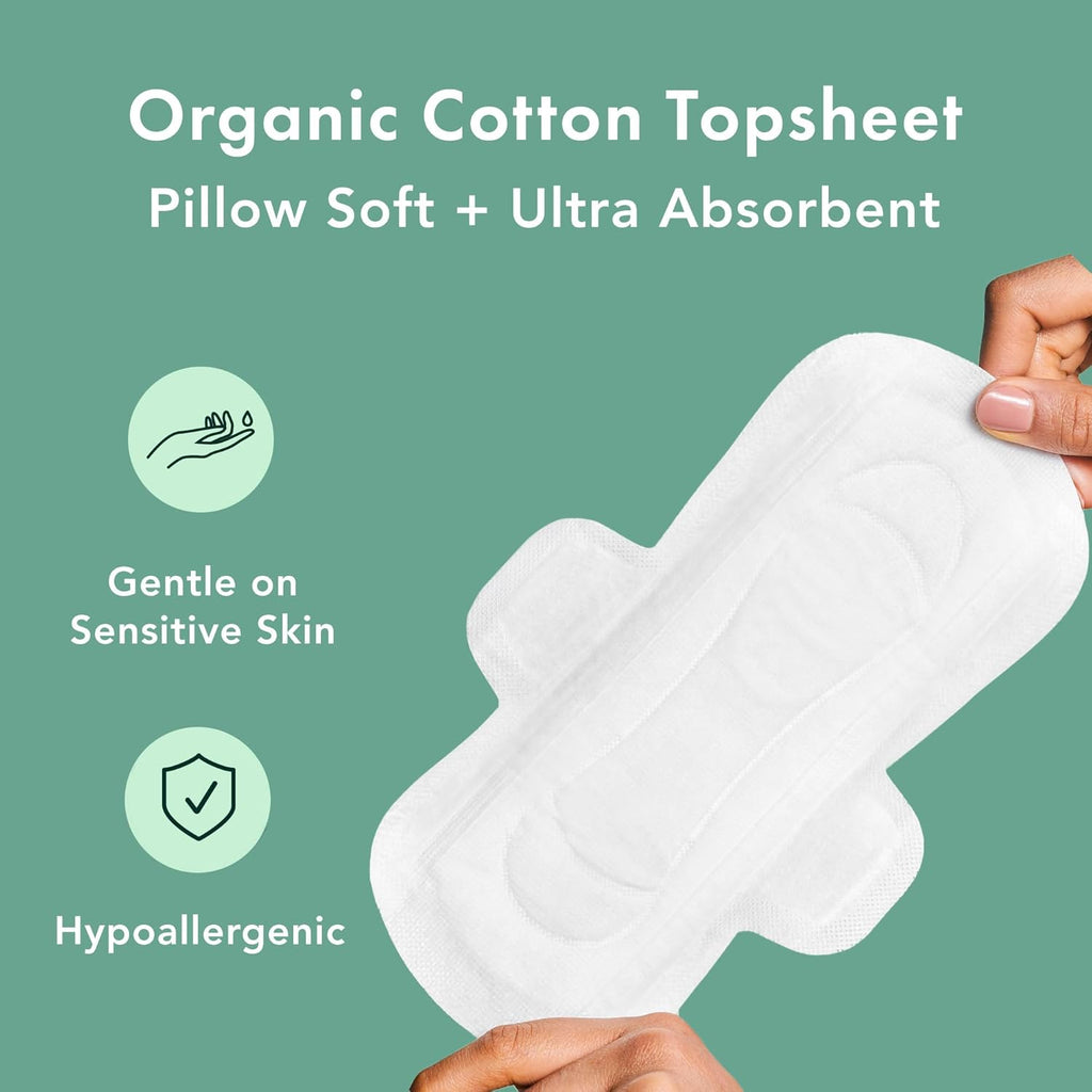 Rael Pads for Women, Organic Cotton Cover - Moderate Absorbency, Feminine Care, Ultra Thin, Sanitary Napkins with Wings, Unscented (Regular, 56 Total)