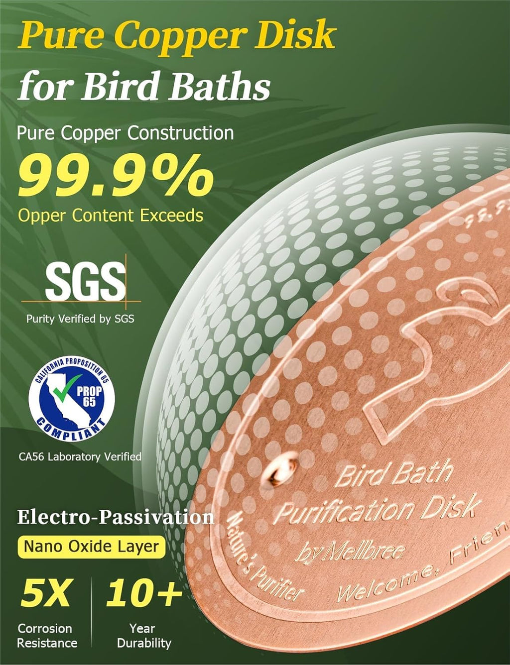 Mellbree Bird Bath Copper Disk, 0.6mm Reinforced 99.99% Pure Copper Cleaning Disk for Physical Safe Clean Water All-Season, Universal Fit for Outdoor Birdbaths, Bowl, Bird Bath Solar