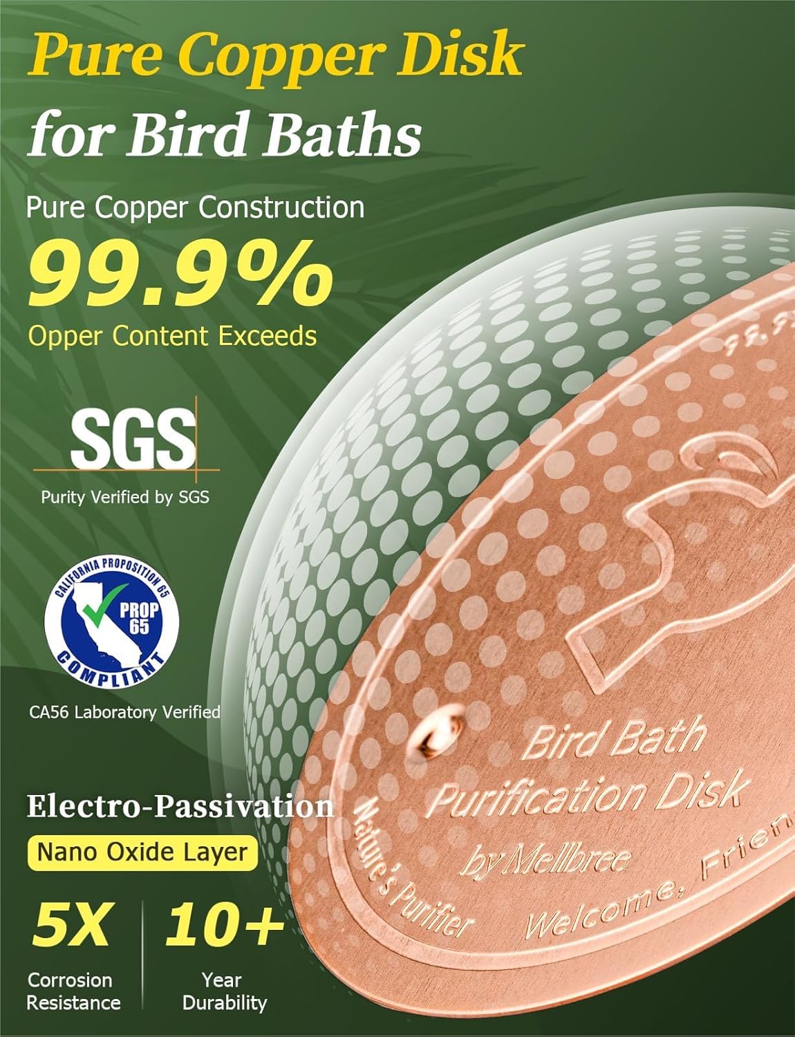 Mellbree Bird Bath Copper Disk, 0.6mm Reinforced 99.99% Pure Copper Cleaning Disk for Physical Safe Clean Water All-Season, Universal Fit for Outdoor Birdbaths, Bowl, Bird Bath Solar
