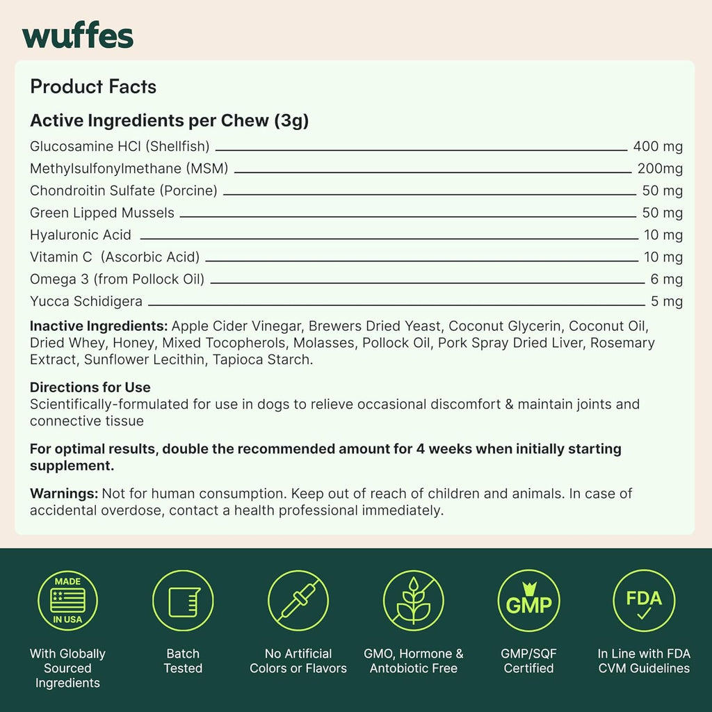 Wuffes Advanced Dog Hip and Joint Supplement with Glucosamine, Chondroitin, Omega 3, MSM, and Green Lipped Mussel, 60 Pork Flavored Chews for Small and Medium Dog Breeds