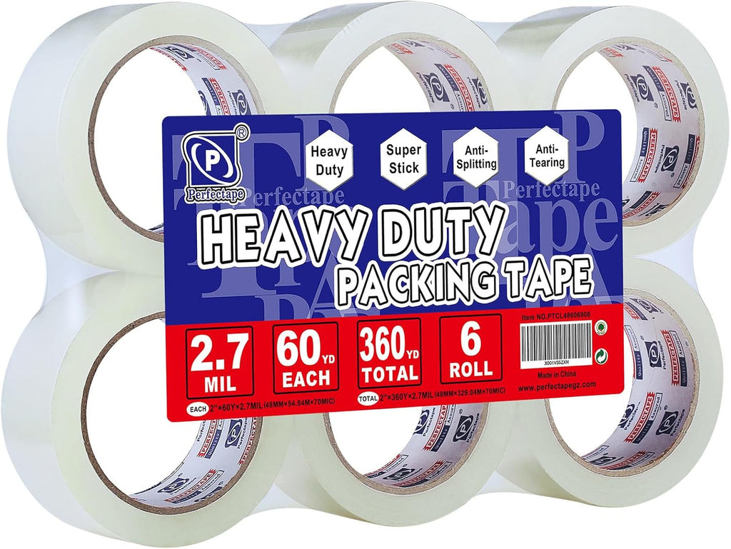 P PERFECTAPE Heavy Duty Packing Tape 6 Rolls, Total 360Y, Clear, 2.7 mil, 1.88 inch x 60 Yards, Ultra Strong, Refill for Packaging and Shipping