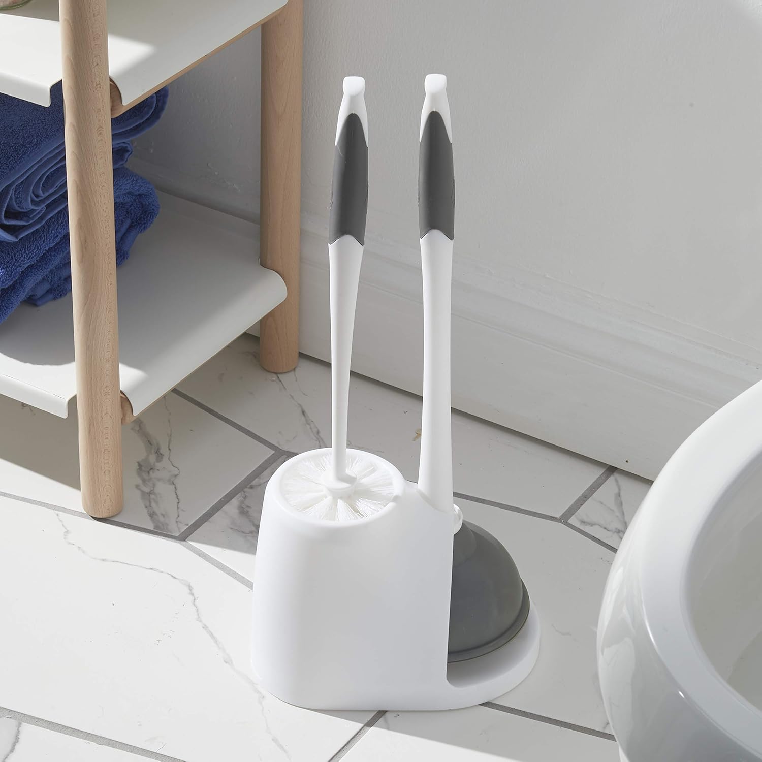 Clorox Toilet Plunger and Bowl Brush Combo with Caddy, 6.75 x 7 x 19.5 in, White/Gray